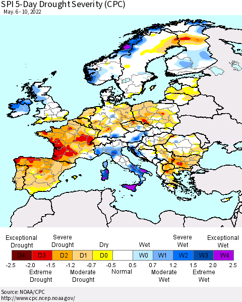 Europe SPI 5-Day Drought Severity (CPC) Thematic Map For 5/6/2022 - 5/10/2022