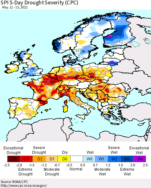 Europe SPI 5-Day Drought Severity (CPC) Thematic Map For 5/11/2022 - 5/15/2022