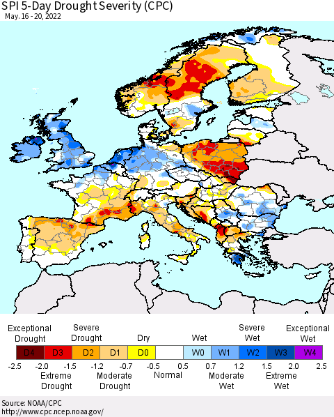 Europe SPI 5-Day Drought Severity (CPC) Thematic Map For 5/16/2022 - 5/20/2022