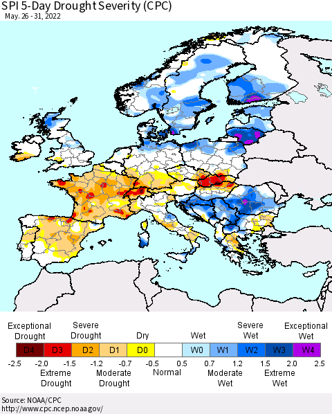 Europe SPI 5-Day Drought Severity (CPC) Thematic Map For 5/26/2022 - 5/31/2022