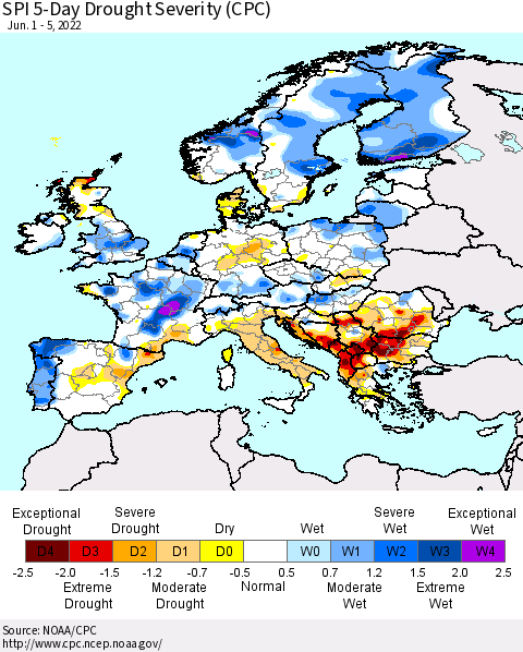 Europe SPI 5-Day Drought Severity (CPC) Thematic Map For 6/1/2022 - 6/5/2022