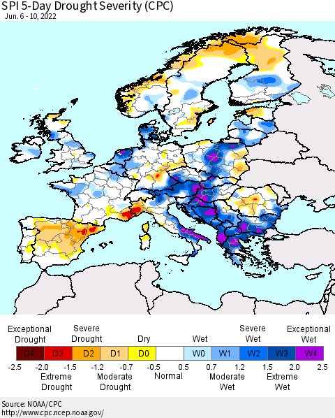 Europe SPI 5-Day Drought Severity (CPC) Thematic Map For 6/6/2022 - 6/10/2022