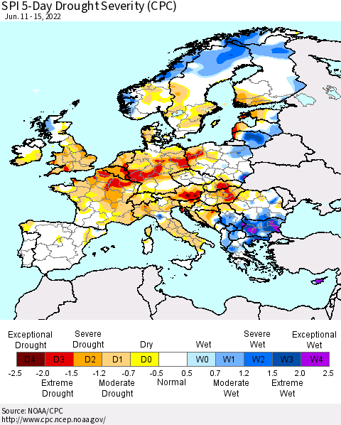 Europe SPI 5-Day Drought Severity (CPC) Thematic Map For 6/11/2022 - 6/15/2022