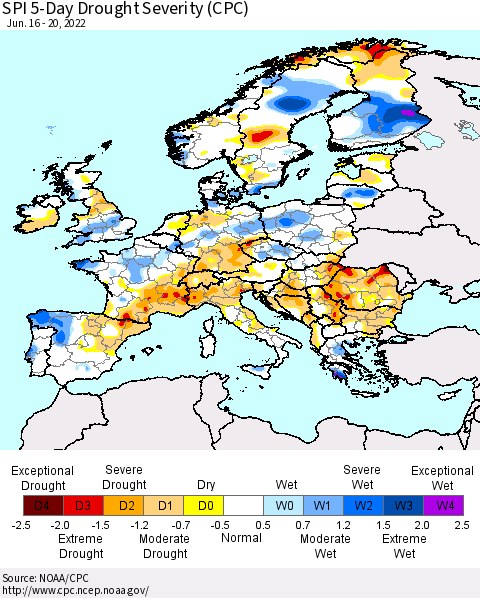 Europe SPI 5-Day Drought Severity (CPC) Thematic Map For 6/16/2022 - 6/20/2022