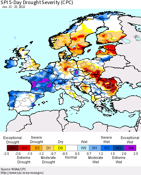 Europe SPI 5-Day Drought Severity (CPC) Thematic Map For 6/21/2022 - 6/25/2022
