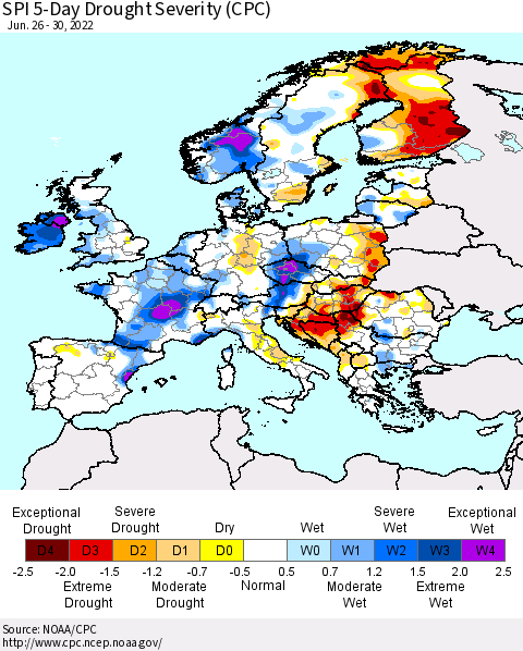 Europe SPI 5-Day Drought Severity (CPC) Thematic Map For 6/26/2022 - 6/30/2022