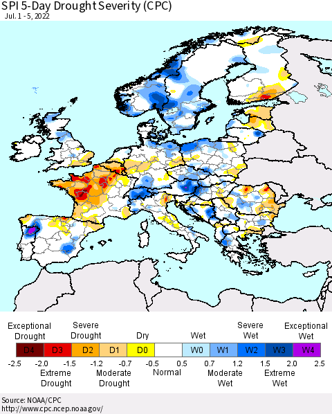 Europe SPI 5-Day Drought Severity (CPC) Thematic Map For 7/1/2022 - 7/5/2022