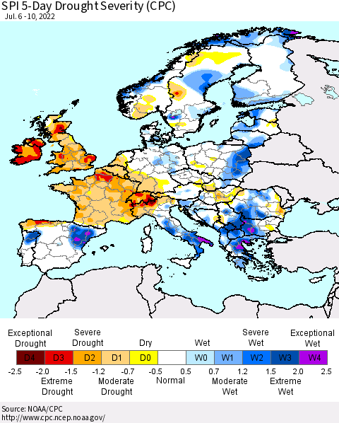 Europe SPI 5-Day Drought Severity (CPC) Thematic Map For 7/6/2022 - 7/10/2022
