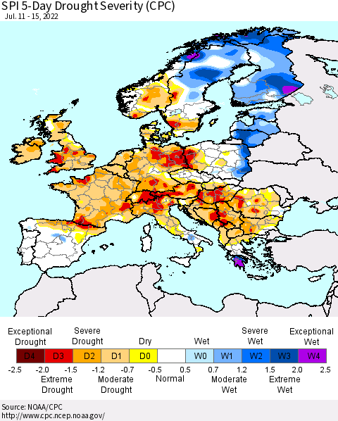 Europe SPI 5-Day Drought Severity (CPC) Thematic Map For 7/11/2022 - 7/15/2022