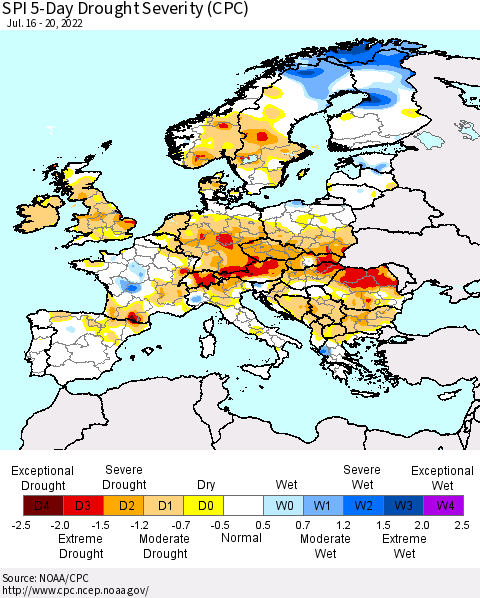 Europe SPI 5-Day Drought Severity (CPC) Thematic Map For 7/16/2022 - 7/20/2022