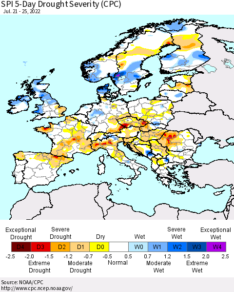 Europe SPI 5-Day Drought Severity (CPC) Thematic Map For 7/21/2022 - 7/25/2022