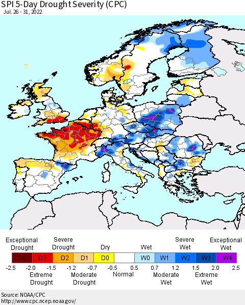 Europe SPI 5-Day Drought Severity (CPC) Thematic Map For 7/26/2022 - 7/31/2022