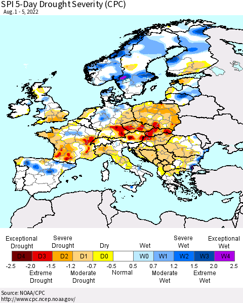 Europe SPI 5-Day Drought Severity (CPC) Thematic Map For 8/1/2022 - 8/5/2022