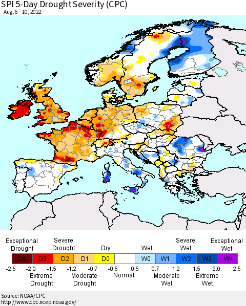 Europe SPI 5-Day Drought Severity (CPC) Thematic Map For 8/6/2022 - 8/10/2022