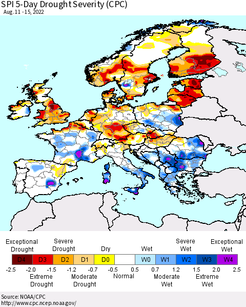 Europe SPI 5-Day Drought Severity (CPC) Thematic Map For 8/11/2022 - 8/15/2022