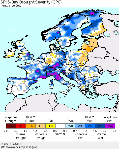 Europe SPI 5-Day Drought Severity (CPC) Thematic Map For 8/16/2022 - 8/20/2022