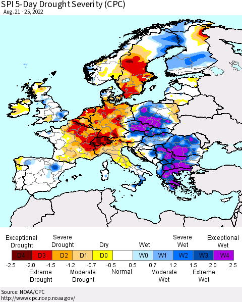 Europe SPI 5-Day Drought Severity (CPC) Thematic Map For 8/21/2022 - 8/25/2022