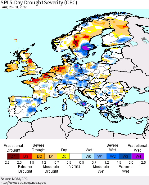 Europe SPI 5-Day Drought Severity (CPC) Thematic Map For 8/26/2022 - 8/31/2022