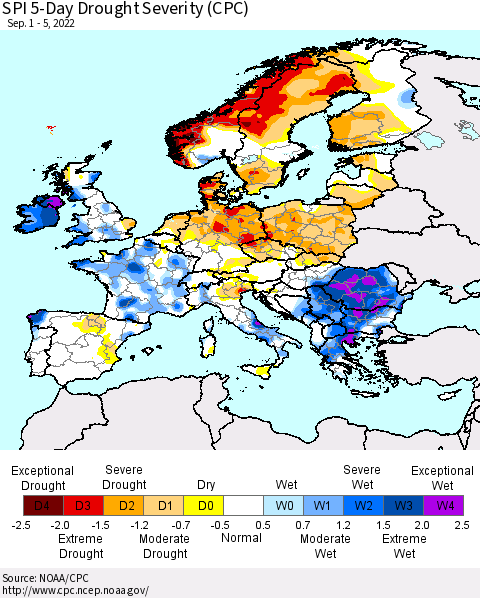 Europe SPI 5-Day Drought Severity (CPC) Thematic Map For 9/1/2022 - 9/5/2022