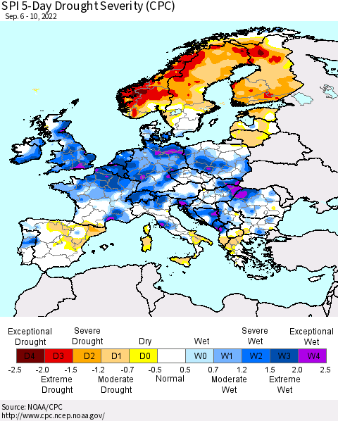 Europe SPI 5-Day Drought Severity (CPC) Thematic Map For 9/6/2022 - 9/10/2022