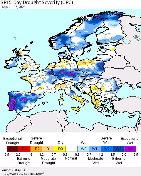 Europe SPI 5-Day Drought Severity (CPC) Thematic Map For 9/11/2022 - 9/15/2022