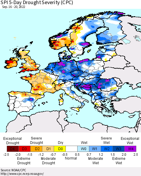 Europe SPI 5-Day Drought Severity (CPC) Thematic Map For 9/16/2022 - 9/20/2022