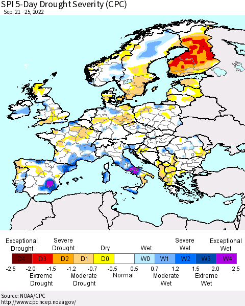 Europe SPI 5-Day Drought Severity (CPC) Thematic Map For 9/21/2022 - 9/25/2022