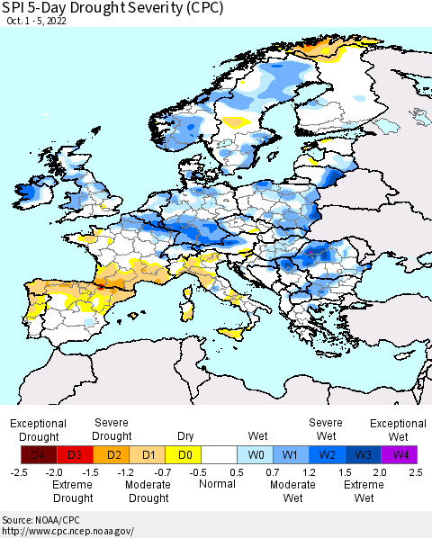 Europe SPI 5-Day Drought Severity (CPC) Thematic Map For 10/1/2022 - 10/5/2022
