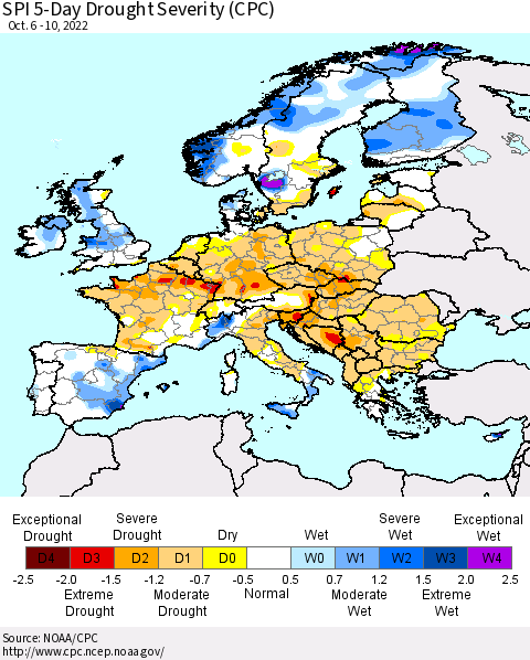 Europe SPI 5-Day Drought Severity (CPC) Thematic Map For 10/6/2022 - 10/10/2022