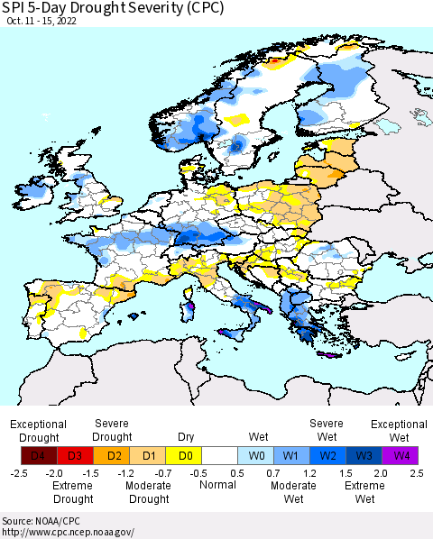 Europe SPI 5-Day Drought Severity (CPC) Thematic Map For 10/11/2022 - 10/15/2022