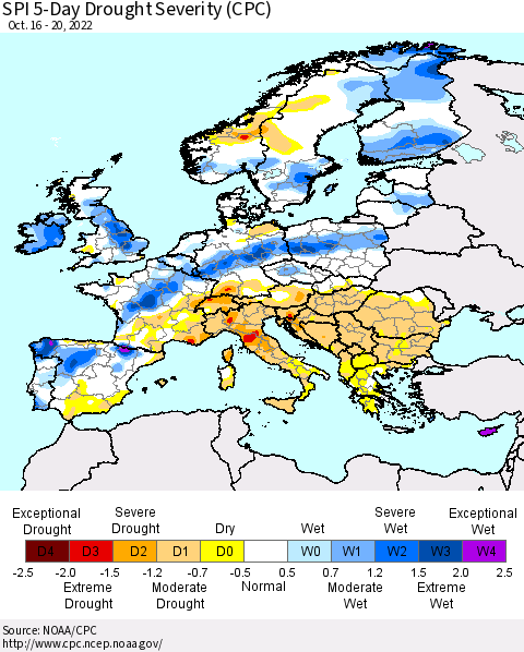 Europe SPI 5-Day Drought Severity (CPC) Thematic Map For 10/16/2022 - 10/20/2022