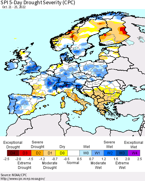 Europe SPI 5-Day Drought Severity (CPC) Thematic Map For 10/21/2022 - 10/25/2022