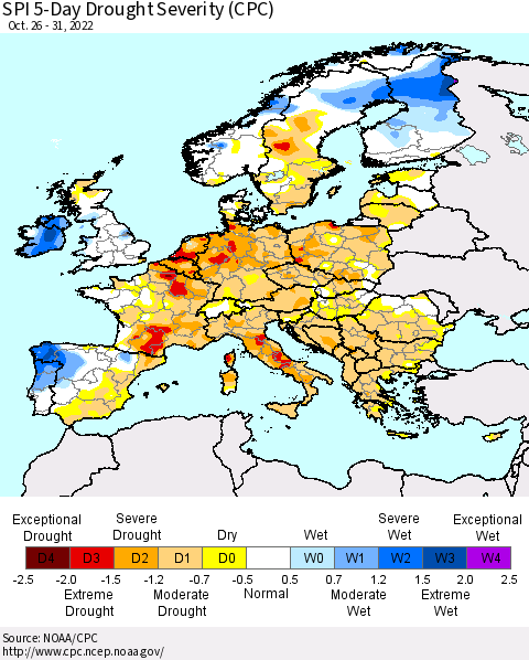 Europe SPI 5-Day Drought Severity (CPC) Thematic Map For 10/26/2022 - 10/31/2022