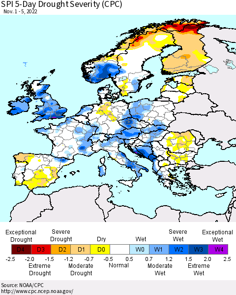 Europe SPI 5-Day Drought Severity (CPC) Thematic Map For 11/1/2022 - 11/5/2022