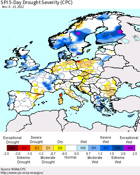Europe SPI 5-Day Drought Severity (CPC) Thematic Map For 11/6/2022 - 11/10/2022