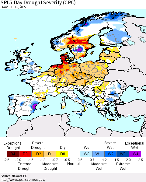 Europe SPI 5-Day Drought Severity (CPC) Thematic Map For 11/11/2022 - 11/15/2022