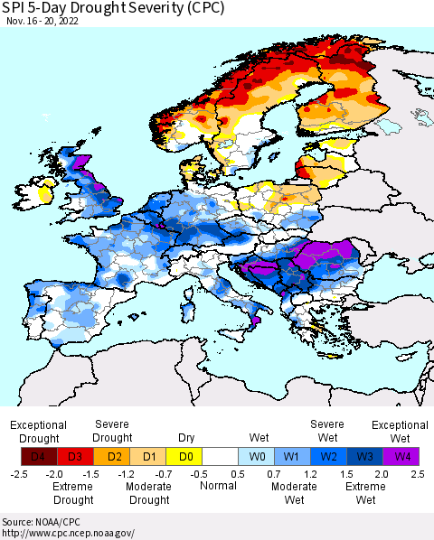 Europe SPI 5-Day Drought Severity (CPC) Thematic Map For 11/16/2022 - 11/20/2022