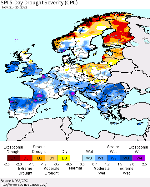 Europe SPI 5-Day Drought Severity (CPC) Thematic Map For 11/21/2022 - 11/25/2022