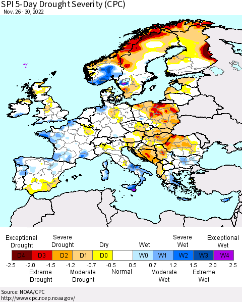 Europe SPI 5-Day Drought Severity (CPC) Thematic Map For 11/26/2022 - 11/30/2022