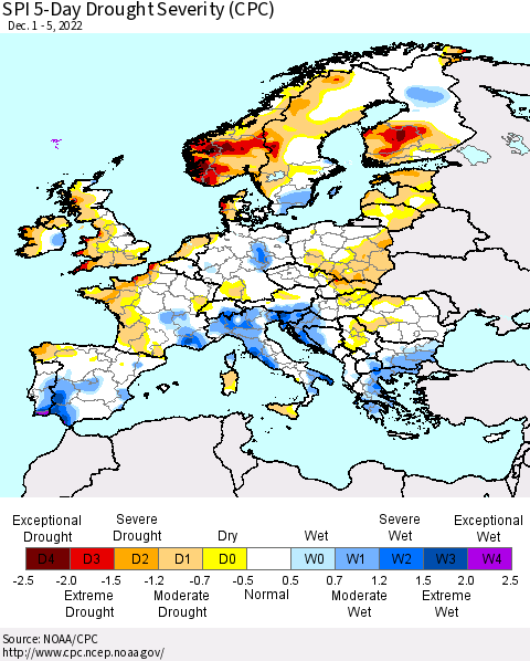 Europe SPI 5-Day Drought Severity (CPC) Thematic Map For 12/1/2022 - 12/5/2022