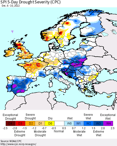 Europe SPI 5-Day Drought Severity (CPC) Thematic Map For 12/6/2022 - 12/10/2022