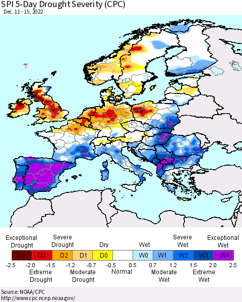 Europe SPI 5-Day Drought Severity (CPC) Thematic Map For 12/11/2022 - 12/15/2022