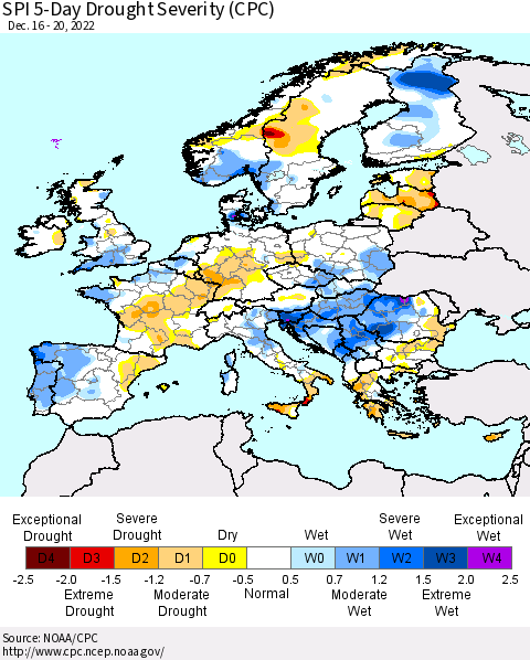 Europe SPI 5-Day Drought Severity (CPC) Thematic Map For 12/16/2022 - 12/20/2022