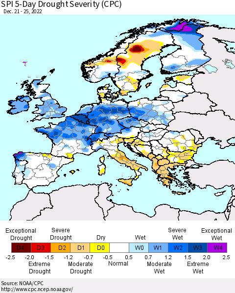 Europe SPI 5-Day Drought Severity (CPC) Thematic Map For 12/21/2022 - 12/25/2022