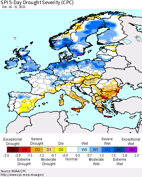 Europe SPI 5-Day Drought Severity (CPC) Thematic Map For 12/26/2022 - 12/31/2022