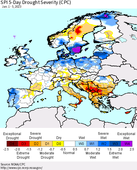 Europe SPI 5-Day Drought Severity (CPC) Thematic Map For 1/1/2023 - 1/5/2023