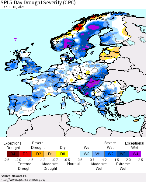 Europe SPI 5-Day Drought Severity (CPC) Thematic Map For 1/6/2023 - 1/10/2023