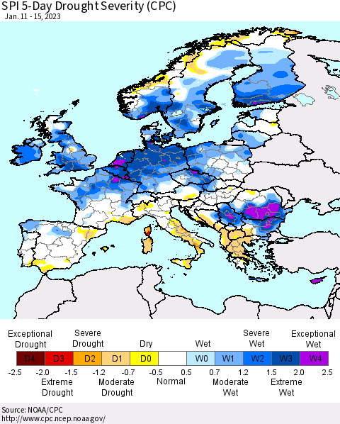 Europe SPI 5-Day Drought Severity (CPC) Thematic Map For 1/11/2023 - 1/15/2023