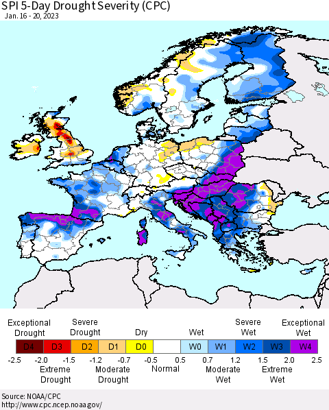 Europe SPI 5-Day Drought Severity (CPC) Thematic Map For 1/16/2023 - 1/20/2023