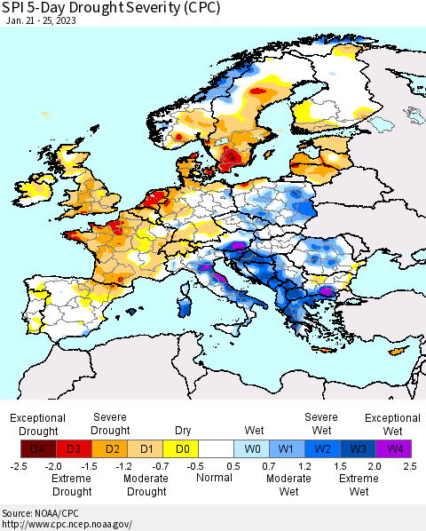 Europe SPI 5-Day Drought Severity (CPC) Thematic Map For 1/21/2023 - 1/25/2023